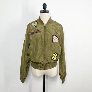 Love Tree Bomber Jacket Army Green Patches Diamond Rainbow Heart Casual Size L